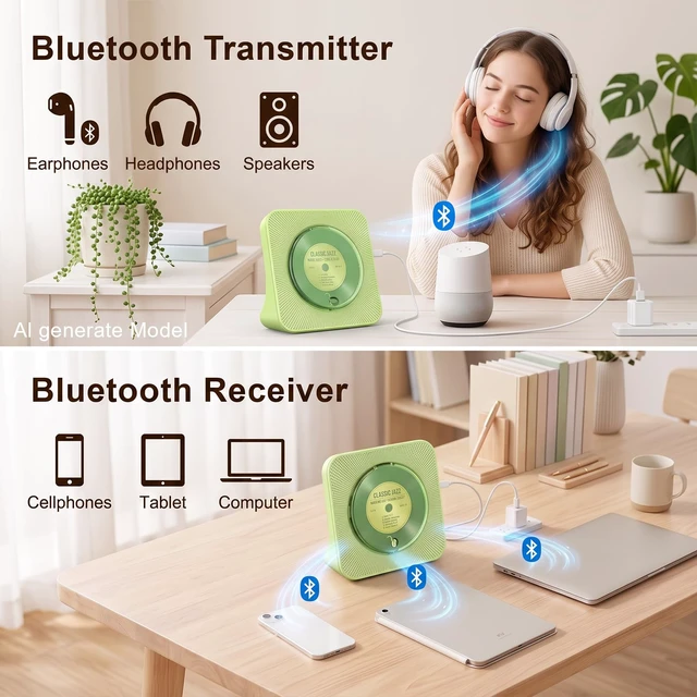 Alt view image 4 of 7 - Portable CD Player with Bluetooth, CD Player with Speaker for Home Plug-in desktop use,2-way Bluetooth mode, 3W speakers, FM radio, sleep timer, A-B repeat,USB/AUX