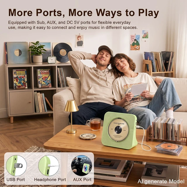 Alt view image 5 of 7 - Portable CD Player with Bluetooth, CD Player with Speaker for Home Plug-in desktop use,2-way Bluetooth mode, 3W speakers, FM radio, sleep timer, A-B repeat,USB/AUX
