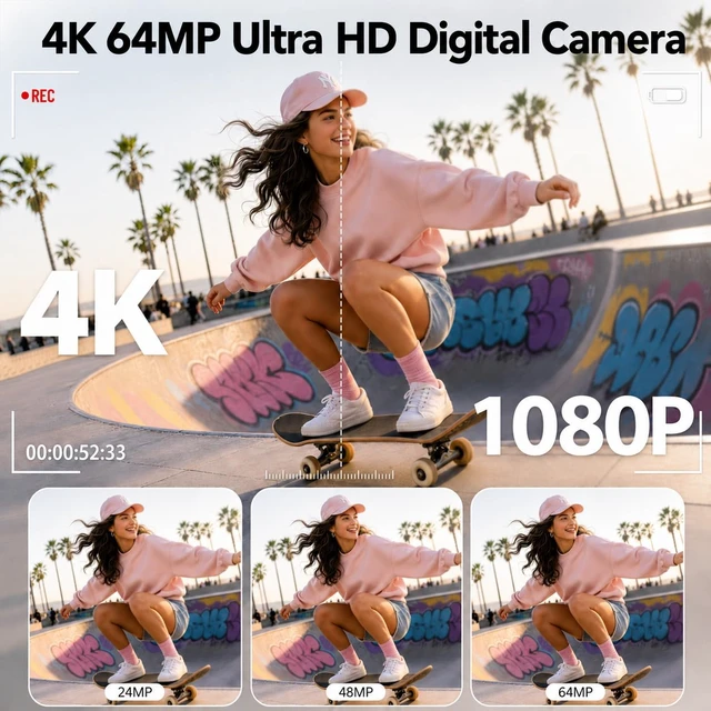 Alt view image 2 of 7 - 4K Digital Camera for Photography, 64MP Vlogging Camera for YouTube (White) Point and Shoot Camera with WiFi Sharing, 18X Digital Zoom, 3" 180° Flip Screen, 32GB Micro SD Card & 2 Batteries, Pink