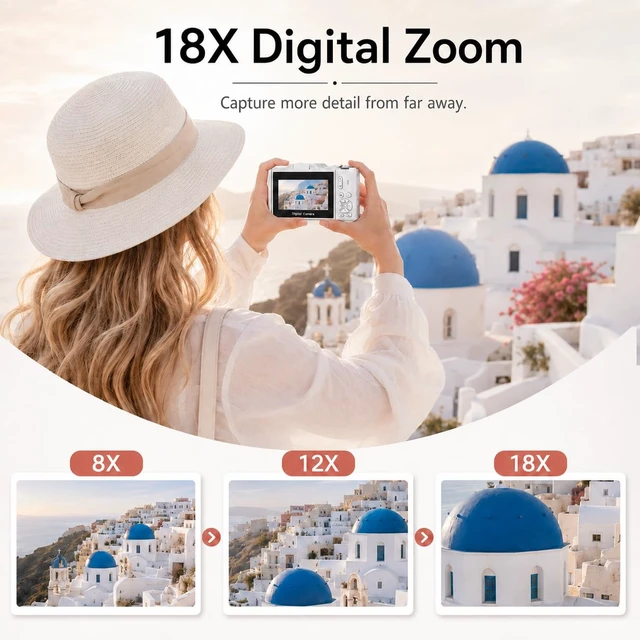 Alt view image 4 of 7 - 4K Digital Camera for Photography, 64MP Vlogging Camera for YouTube (White) Point and Shoot Camera with WiFi Sharing, 18X Digital Zoom, 3" 180° Flip Screen, 32GB Micro SD Card & 2 Batteries, Pink