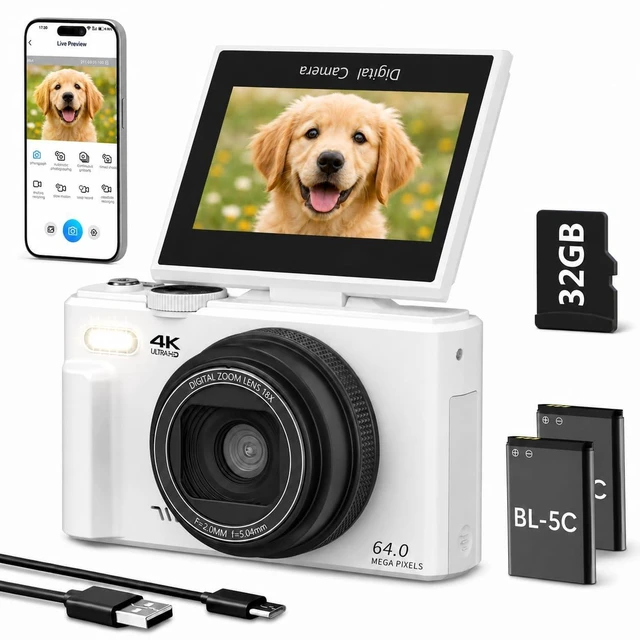 Main image of 4K Digital Camera for Photography, 64MP Vlogging Camera for YouTube (White) Point and Shoot Camera with WiFi Sharing, 18X Digital Zoom, 3" 180° Flip Screen, 32GB Micro SD Card & 2 Batteries, Pink