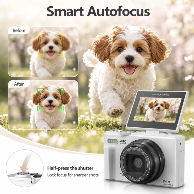 Alt view image 3 of 7 - 4K Digital Camera for Photography, 64MP Vlogging Camera for YouTube (White) Point and Shoot Camera with WiFi Sharing, 18X Digital Zoom, 3" 180° Flip Screen, 32GB Micro SD Card & 2 Batteries, Pink