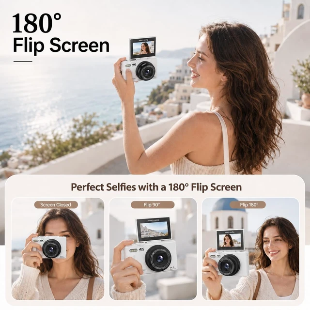 Alt view image 5 of 7 - 4K Digital Camera for Photography, 64MP Vlogging Camera for YouTube (White) Point and Shoot Camera with WiFi Sharing, 18X Digital Zoom, 3" 180° Flip Screen, 32GB Micro SD Card & 2 Batteries, Pink