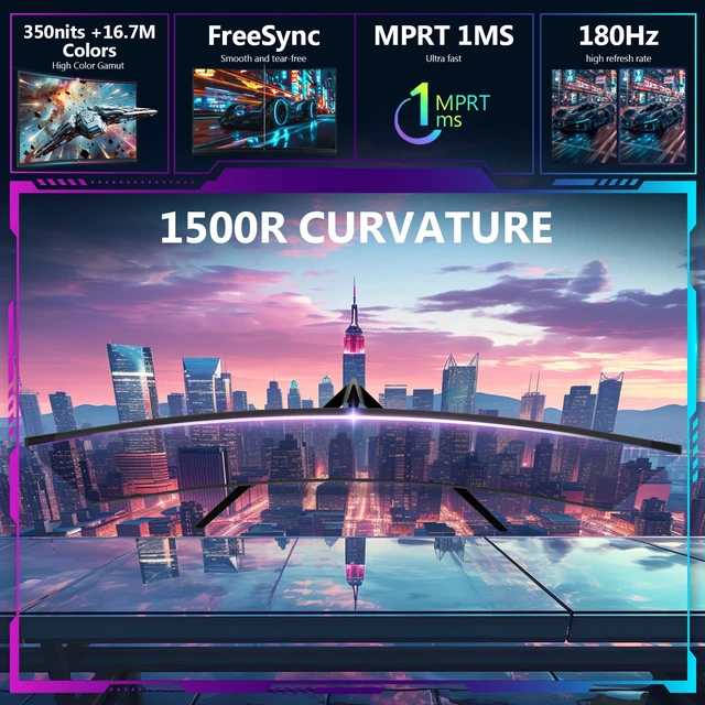 Alt view image 3 of 7 - Z-Edge 27 inch Curved Gaming Monitor, 1080P, 180Hz/144Hz Computer Screen UG27 1500R Curved Computer Monitor, 1ms, FreeSync, Low Blue Light, 1X DP & 1X HDMI, Metal Stand, for Office & Gaming