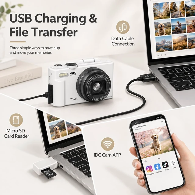 Alt view image 7 of 7 - 4K Digital Camera for Photography, 64MP Vlogging Camera for YouTube (White) Point and Shoot Camera with WiFi Sharing, 18X Digital Zoom, 3" 180° Flip Screen, 32GB Micro SD Card & 2 Batteries, Pink