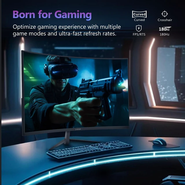 Alt view image 4 of 7 - Z-Edge 27 inch Curved Gaming Monitor, 1080P, 180Hz/144Hz Computer Screen UG27 1500R Curved Computer Monitor, 1ms, FreeSync, Low Blue Light, 1X DP & 1X HDMI, Metal Stand, for Office & Gaming