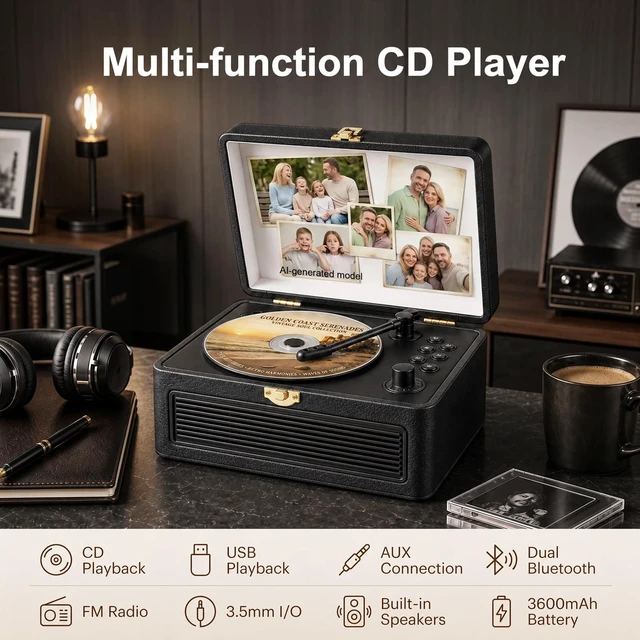 Alt view image 2 of 7 - Portable CD Player with Bluetooth 5.4, 3600mAh Rechargeable Battery Hi-Fi speakers,FM Radio, Leather retro suitcase style,Vintage CD Music Kpop Player,gift idea for music lovers,home decor