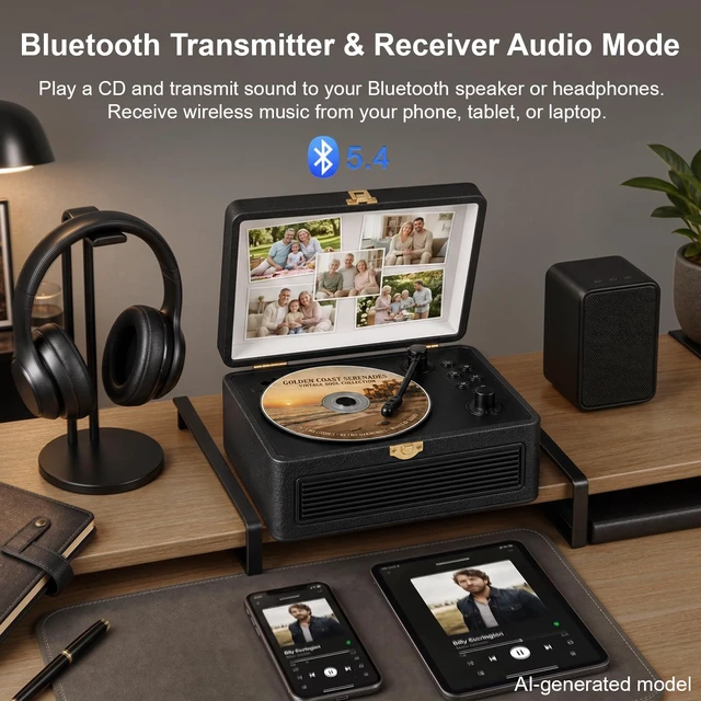 Alt view image 4 of 7 - Portable CD Player with Bluetooth 5.4, 3600mAh Rechargeable Battery Hi-Fi speakers,FM Radio, Leather retro suitcase style,Vintage CD Music Kpop Player,gift idea for music lovers,home decor