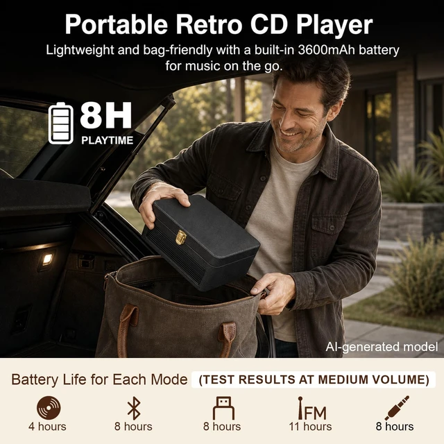 Alt view image 5 of 7 - Portable CD Player with Bluetooth 5.4, 3600mAh Rechargeable Battery Hi-Fi speakers,FM Radio, Leather retro suitcase style,Vintage CD Music Kpop Player,gift idea for music lovers,home decor
