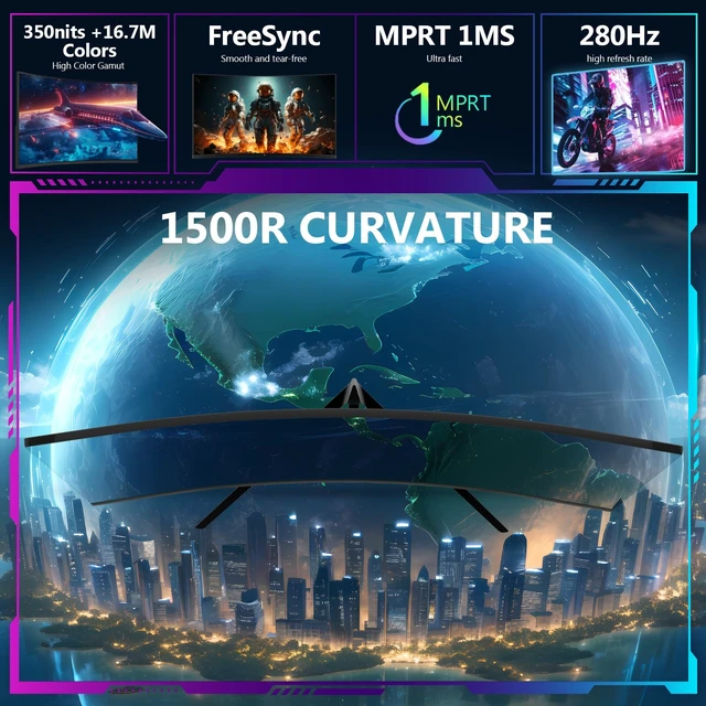 Alt view image 3 of 7 - Z-Edge 27 inch Curved Gaming Monitor, 1080P 280Hz 240Hz Computer Screen FHD Monitor Gaming, 1500R, MPRT 1ms, FreeSync, 350nits, 4000:1 Contrast, UG27P Frameless, DP & HDMI, Metal Stand