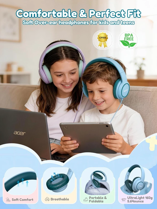Alt view image 4 of 6 - OHW328 Kids Headphones Wired for School - Over Ear Design 85/94dB Safe Volume, 3.5mm Jack Foldable Headphones for Kids Boys Girls Classroom Yoto Player Chromebook Travel Green