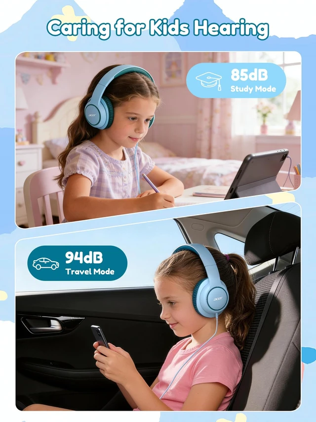 Alt view image 3 of 6 - OHW328 Kids Headphones Wired for School - Over Ear Design 85/94dB Safe Volume, 3.5mm Jack Foldable Headphones for Kids Boys Girls Classroom Yoto Player Chromebook Travel Green