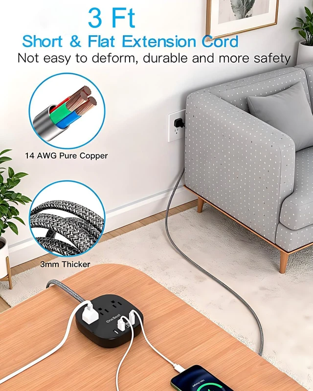 Alt view image 5 of 7 - Cruise Ship Travel Essentials, 3Ft Short Extention Cord, 22.5W/4.5A, Black 3 Outlets 4 USB Ports (2 USB C) Cruise Approved Power Strip Flat Plug No Surge Protection, Dorm Room Desktop Charging Station