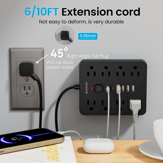 Alt view image 5 of 6 - 6FT Flat Plug Extension Cord Surge Protector Power Strip with 8 AC&6 USB 2 Pack 6FT Extension Cord Outlet Extender with 8 AC(1850W/15A/14AWG)&6 USB Ports(2 USB C),Overload Protection,ETL