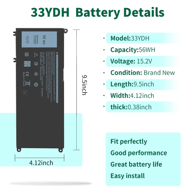 Alt view image 2 of 7 - 56WH 33YDH Laptop Battery for Dell Inspiron 17 7000 7778 7779 7786 7773 15 7577 G3 3579 3779 G5 5587 G7 7588 Latitude 13 3380 14 3490 15 3590 3580 PVHT1 P30E 81PF3 081PF3 Battery
