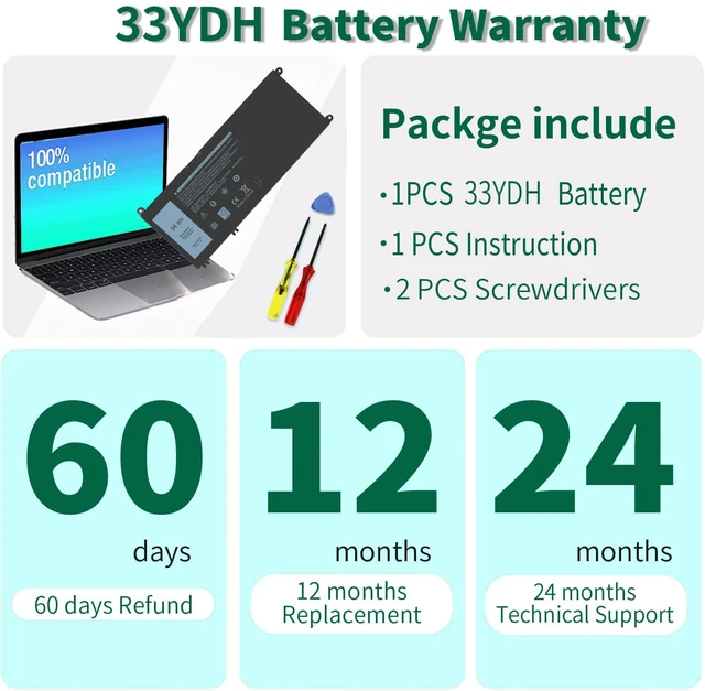 Alt view image 5 of 7 - 56WH 33YDH Laptop Battery for Dell Inspiron 17 7000 7778 7779 7786 7773 15 7577 G3 3579 3779 G5 5587 G7 7588 Latitude 13 3380 14 3490 15 3590 3580 PVHT1 P30E 81PF3 081PF3 Battery
