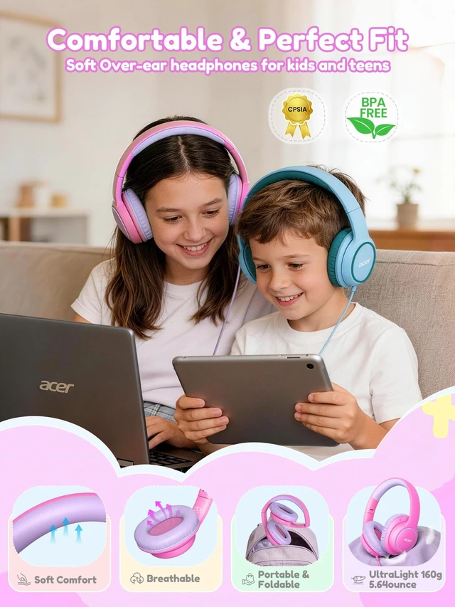 Alt view image 5 of 7 - OHW328 Kids Headphones Wired for School - Over Ear Design 85/94dB Safe Volume Limit, 3.5mm Jack Foldable Headphones for Kids Boys Girls Classroom Yoto Player Chromebook Travel Pink
