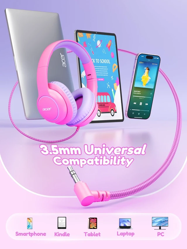 Alt view image 6 of 7 - OHW328 Kids Headphones Wired for School - Over Ear Design 85/94dB Safe Volume Limit, 3.5mm Jack Foldable Headphones for Kids Boys Girls Classroom Yoto Player Chromebook Travel Pink