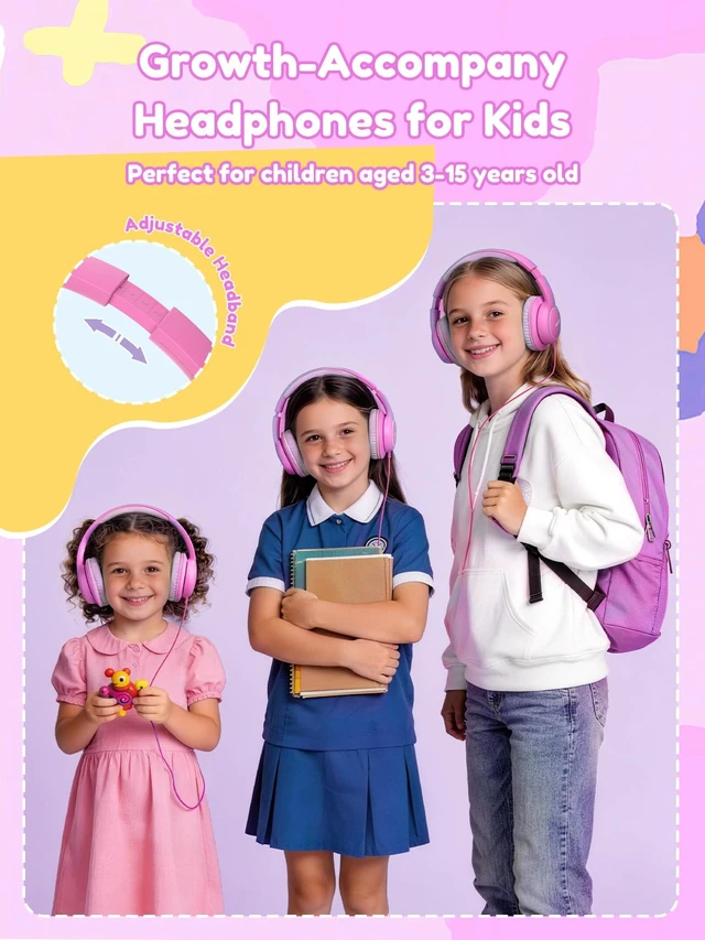 Alt view image 7 of 7 - OHW328 Kids Headphones Wired for School - Over Ear Design 85/94dB Safe Volume Limit, 3.5mm Jack Foldable Headphones for Kids Boys Girls Classroom Yoto Player Chromebook Travel Pink