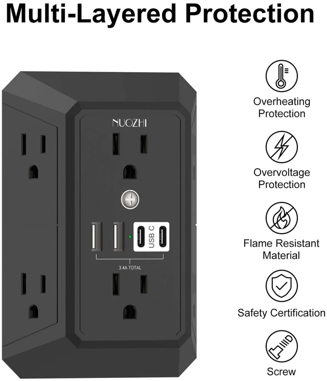 Alt view image 2 of 7 - Outlet Extender Surge Protector - 6 Outlet Splitter with 4 USB Ports(2 USB-C), Multi Plug Wall Outlet 1680J Power Strip for Home Office Dorm Room Essentials, ETL, Black