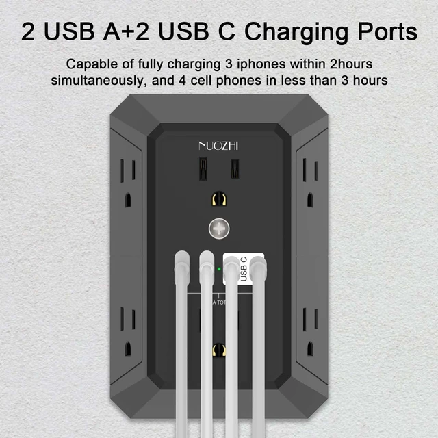 Alt view image 3 of 7 - Outlet Extender Surge Protector - 6 Outlet Splitter with 4 USB Ports(2 USB-C), Multi Plug Wall Outlet 1680J Power Strip for Home Office Dorm Room Essentials, ETL, Black