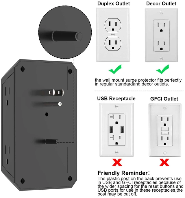 Alt view image 5 of 7 - Outlet Extender Surge Protector - 6 Outlet Splitter with 4 USB Ports(2 USB-C), Multi Plug Wall Outlet 1680J Power Strip for Home Office Dorm Room Essentials, ETL, Black