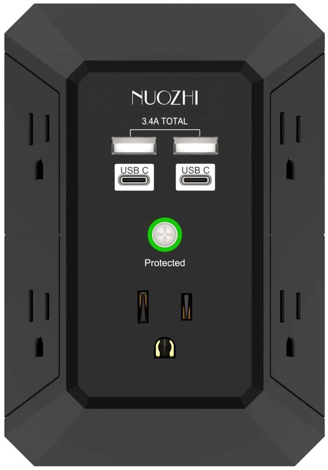 Main image of Wall Charger, Surge Protector, 5 Outlet Extender with 4 USB Charging Ports(2USB-C), 3-Sided 1680J Power Strip Multi Plug Adapter Spaced for Home Travel Office, Black