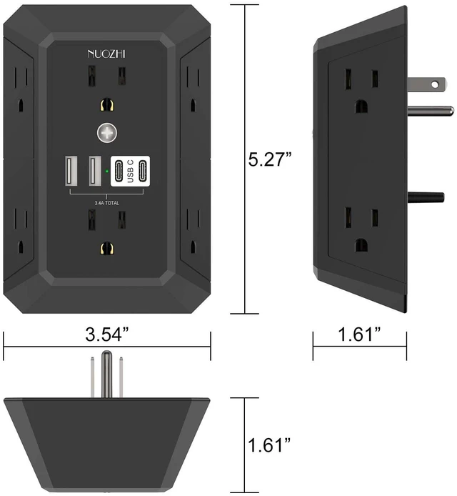 Alt view image 7 of 7 - Outlet Extender Surge Protector - 6 Outlet Splitter with 4 USB Ports(2 USB-C), Multi Plug Wall Outlet 1680J Power Strip for Home Office Dorm Room Essentials, ETL, Black
