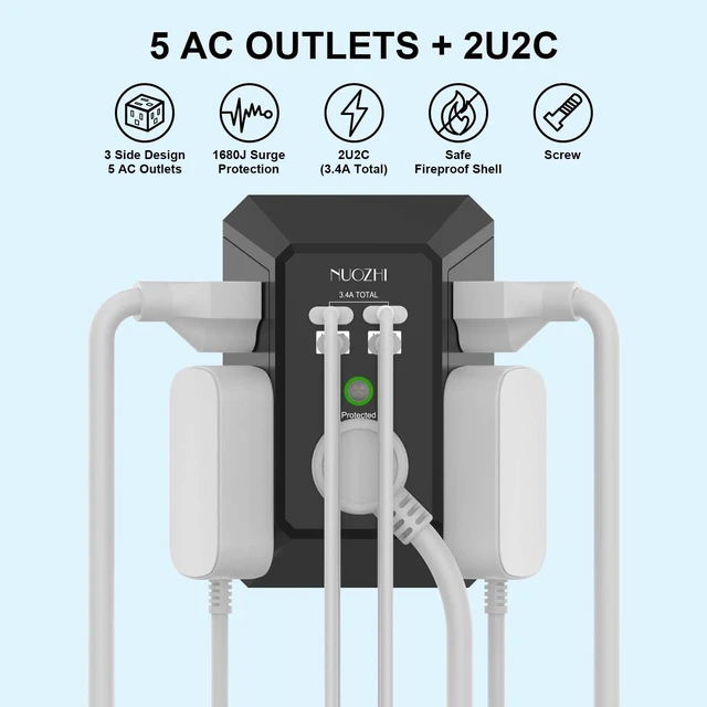 Alt view image 2 of 7 - Wall Charger, Surge Protector, 5 Outlet Extender with 4 USB Charging Ports(2USB-C), 3-Sided 1680J Power Strip Multi Plug Adapter Spaced for Home Travel Office, Black
