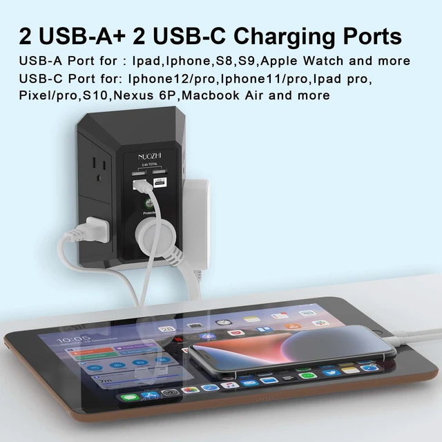 Alt view image 3 of 7 - Wall Charger, Surge Protector, 5 Outlet Extender with 4 USB Charging Ports(2USB-C), 3-Sided 1680J Power Strip Multi Plug Adapter Spaced for Home Travel Office, Black