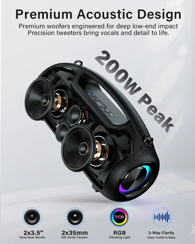 Alt view image 2 of 7 - Bluetooth Speaker, 200W Peak Portable Speakers Wireless w/Bass Boost Loud Sound, 24H Playtime, IP65 Waterproof, BT5.4, RGB Light, USB, AUX, for Outdoor,Party, Camping, Beach, Garage, Tailgate