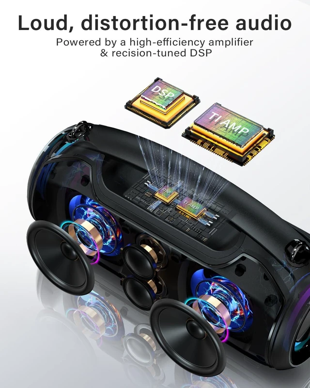 Alt view image 4 of 7 - Bluetooth Speaker, 200W Peak Portable Speakers Wireless w/Bass Boost Loud Sound, 24H Playtime, IP65 Waterproof, BT5.4, RGB Light, USB, AUX, for Outdoor,Party, Camping, Beach, Garage, Tailgate