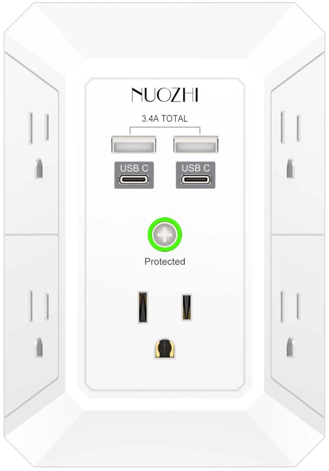 Main image of Surge Protector, Wall Charger, 5 Outlet Extender with 4 USB Charging Ports(2USB-C), 3-Sided 1680J Power Strip Multi Plug Adapter Spaced for Home Travel Office, White