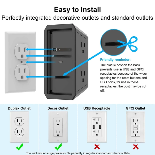 Alt view image 6 of 7 - Wall Charger, Surge Protector, 5 Outlet Extender with 4 USB Charging Ports(2USB-C), 3-Sided 1680J Power Strip Multi Plug Adapter Spaced for Home Travel Office, Black