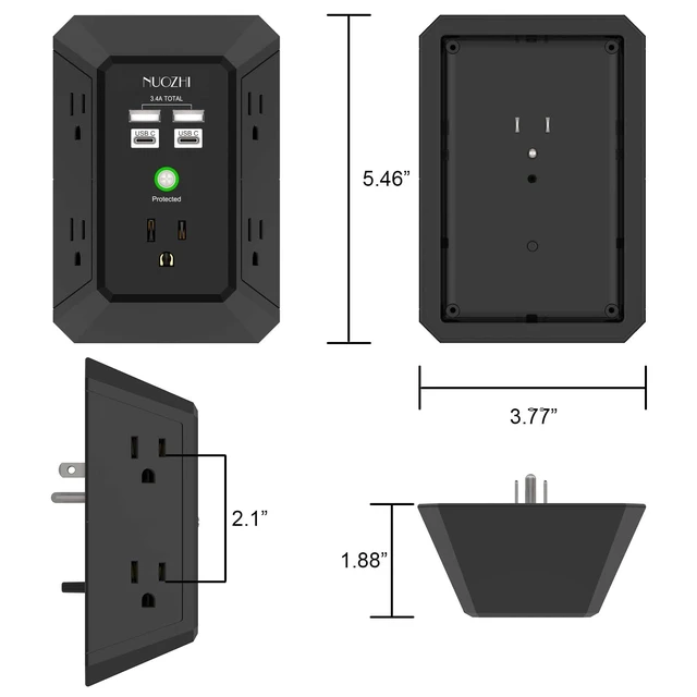 Alt view image 7 of 7 - Wall Charger, Surge Protector, 5 Outlet Extender with 4 USB Charging Ports(2USB-C), 3-Sided 1680J Power Strip Multi Plug Adapter Spaced for Home Travel Office, Black