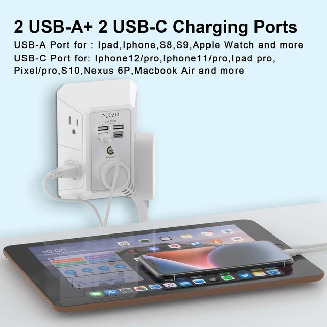Alt view image 3 of 7 - Surge Protector, Wall Charger, 5 Outlet Extender with 4 USB Charging Ports(2USB-C), 3-Sided 1680J Power Strip Multi Plug Adapter Spaced for Home Travel Office, White