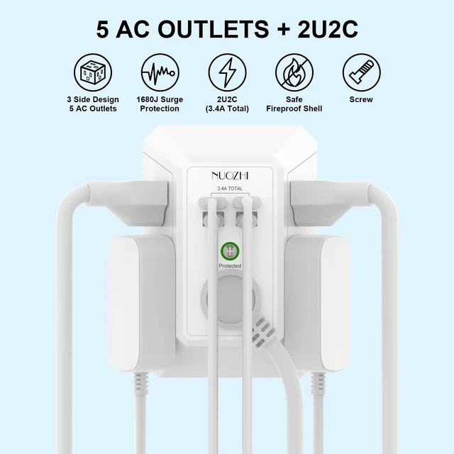 Alt view image 2 of 7 - Surge Protector, Wall Charger, 5 Outlet Extender with 4 USB Charging Ports(2USB-C), 3-Sided 1680J Power Strip Multi Plug Adapter Spaced for Home Travel Office, White