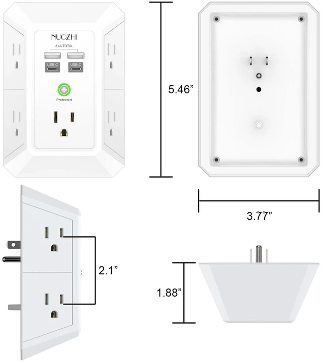 Alt view image 7 of 7 - Surge Protector, Wall Charger, 5 Outlet Extender with 4 USB Charging Ports(2USB-C), 3-Sided 1680J Power Strip Multi Plug Adapter Spaced for Home Travel Office, White