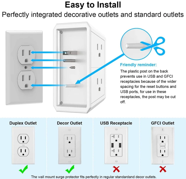 Alt view image 6 of 7 - Surge Protector, Wall Charger, 5 Outlet Extender with 4 USB Charging Ports(2USB-C), 3-Sided 1680J Power Strip Multi Plug Adapter Spaced for Home Travel Office, White