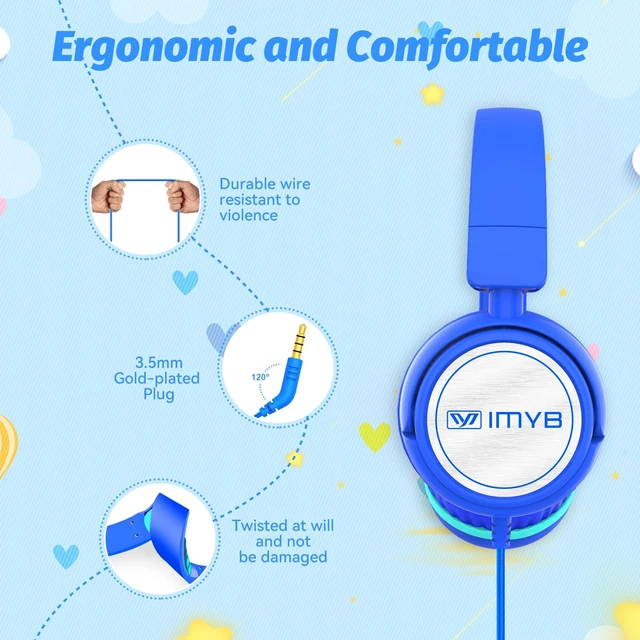 Alt view image 4 of 7 - V1 Kids Headphones, Wired Stereo Foldable Tangle-Free 3.5mm Adjustable On-Ear Headphones for Kids for School/Toddlers/Childrens/Teens/Boys/Girls/Ipad/Tablet/Kindle/Phones/Travel/Plane (Blue-RV)