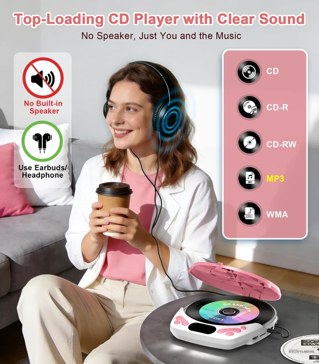 Alt view image 2 of 7 - Rechargeable Pink CD Player for Car & Home, Portable CD Player with Headphones, CD Players with 60s Anti-Skip, Supports CD/MP3/WMA/TF Card/AUX Output, Backlit / Lock / Programmable / Timer