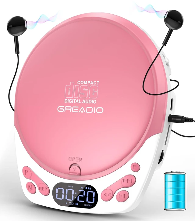 Main image of Rechargeable Pink CD Player for Car & Home, Portable CD Player with Headphones, CD Players with 60s Anti-Skip, Supports CD/MP3/WMA/TF Card/AUX Output, Backlit / Lock / Programmable / Timer