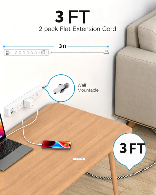 Alt view image 4 of 7 - 2 Pack Power Strip, 3FT Flat Plug Extension Cord, Surge Protector 6 AC and 4 USB (2 USB C), Overload Protection, 1080J, Desk Charging Station for Home, Office, Dorm, College, ETL Listed