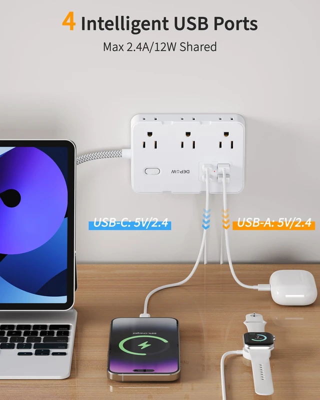 Alt view image 5 of 7 - 2 Prong to 3 Prong Power Strip, 6 Outlets 4 USB, 10 Ft Extension Cord Perfect for Old Houses with Non-grounded Outlets,1050J Two Prong Surge Protection- 2 USB C, Flat Plug,1625W/13A, White