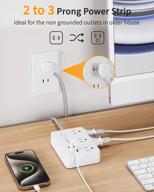 Alt view image 2 of 7 - 2 Prong to 3 Prong Power Strip, 6 Outlets 4 USB, 10 Ft Extension Cord Perfect for Old Houses with Non-grounded Outlets,1050J Two Prong Surge Protection- 2 USB C, Flat Plug,1625W/13A, White