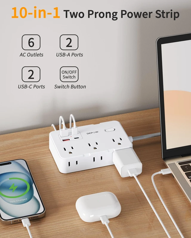 Alt view image 3 of 7 - 2 Prong to 3 Prong Power Strip, 6 Outlets 4 USB, 10 Ft Extension Cord Perfect for Old Houses with Non-grounded Outlets,1050J Two Prong Surge Protection- 2 USB C, Flat Plug,1625W/13A, White
