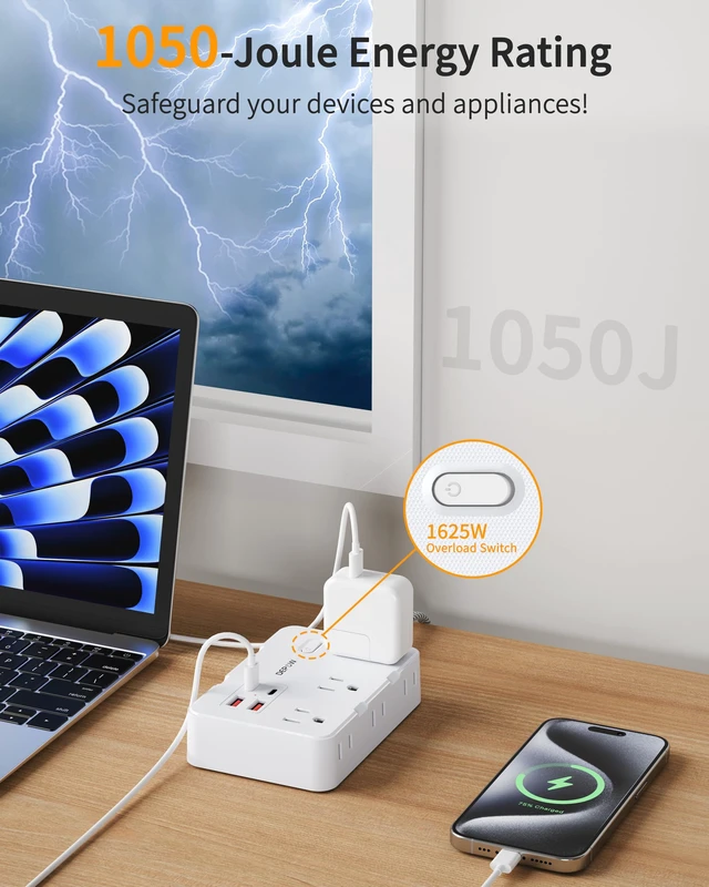 Alt view image 6 of 7 - 2 Prong to 3 Prong Power Strip, 6 Outlets 4 USB, 10 Ft Extension Cord Perfect for Old Houses with Non-grounded Outlets,1050J Two Prong Surge Protection- 2 USB C, Flat Plug,1625W/13A, White