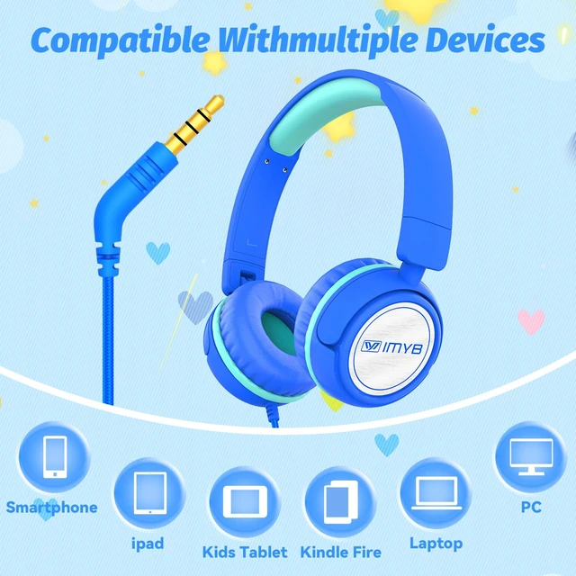 Alt view image 5 of 7 - V1 Kids Headphones, Wired Stereo Foldable Tangle-Free 3.5mm Adjustable On-Ear Headphones for Kids for School/Toddlers/Childrens/Teens/Boys/Girls/Ipad/Tablet/Kindle/Phones/Travel/Plane (Blue-RV)