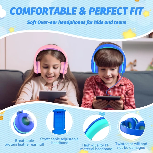Alt view image 7 of 7 - V1 Kids Headphones, Wired Stereo Foldable Tangle-Free 3.5mm Adjustable On-Ear Headphones for Kids for School/Toddlers/Childrens/Teens/Boys/Girls/Ipad/Tablet/Kindle/Phones/Travel/Plane (Blue-RV)
