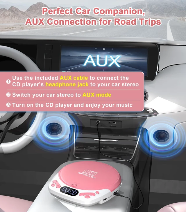 Alt view image 4 of 7 - Rechargeable Pink CD Player for Car & Home, Portable CD Player with Headphones, CD Players with 60s Anti-Skip, Supports CD/MP3/WMA/TF Card/AUX Output, Backlit / Lock / Programmable / Timer